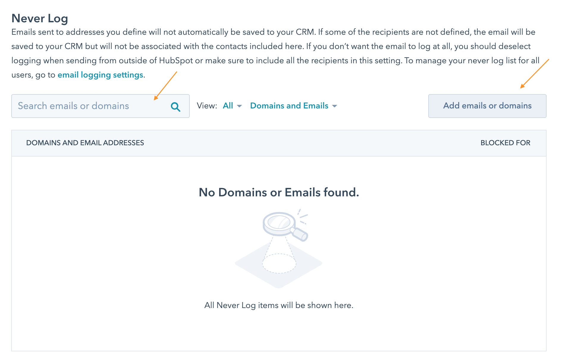 How do I add people to my never log list on HubSpot?